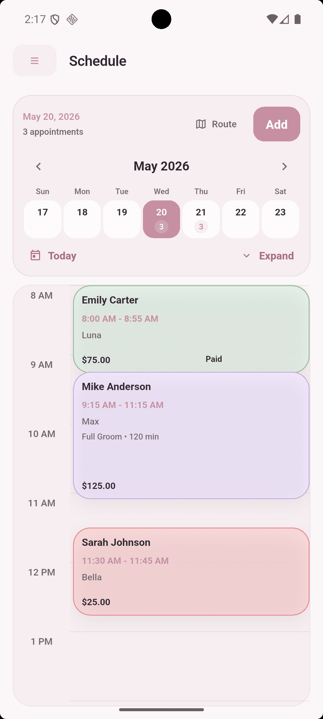 Schedule screen